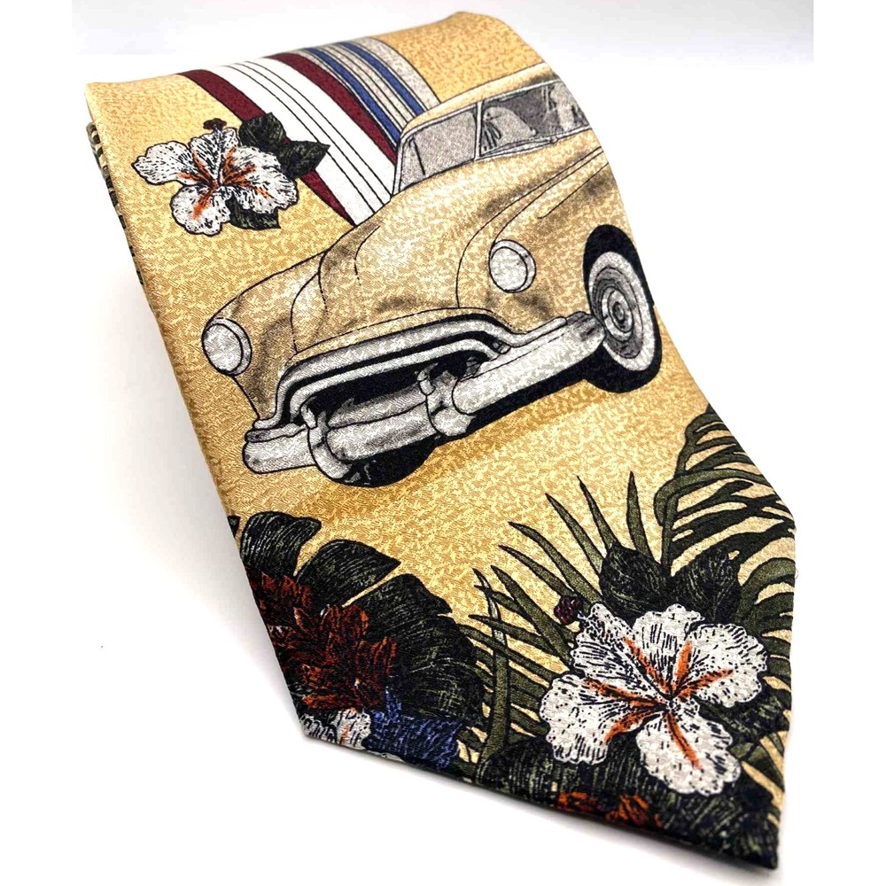Vintage Tango By Max Raab Tie Havana Cuban 100%‎ Silk floral beach resort cars